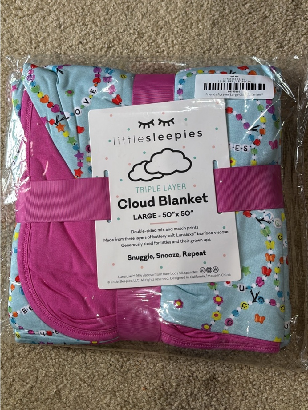 Little Sleepies Cloud Blanket in Pink & Light Blue with Rainbow Hearts